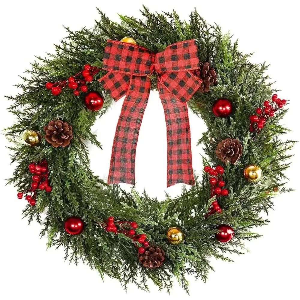 New Christmas Wreath, Artificial Large Wreath with Pine Cone Red Berry